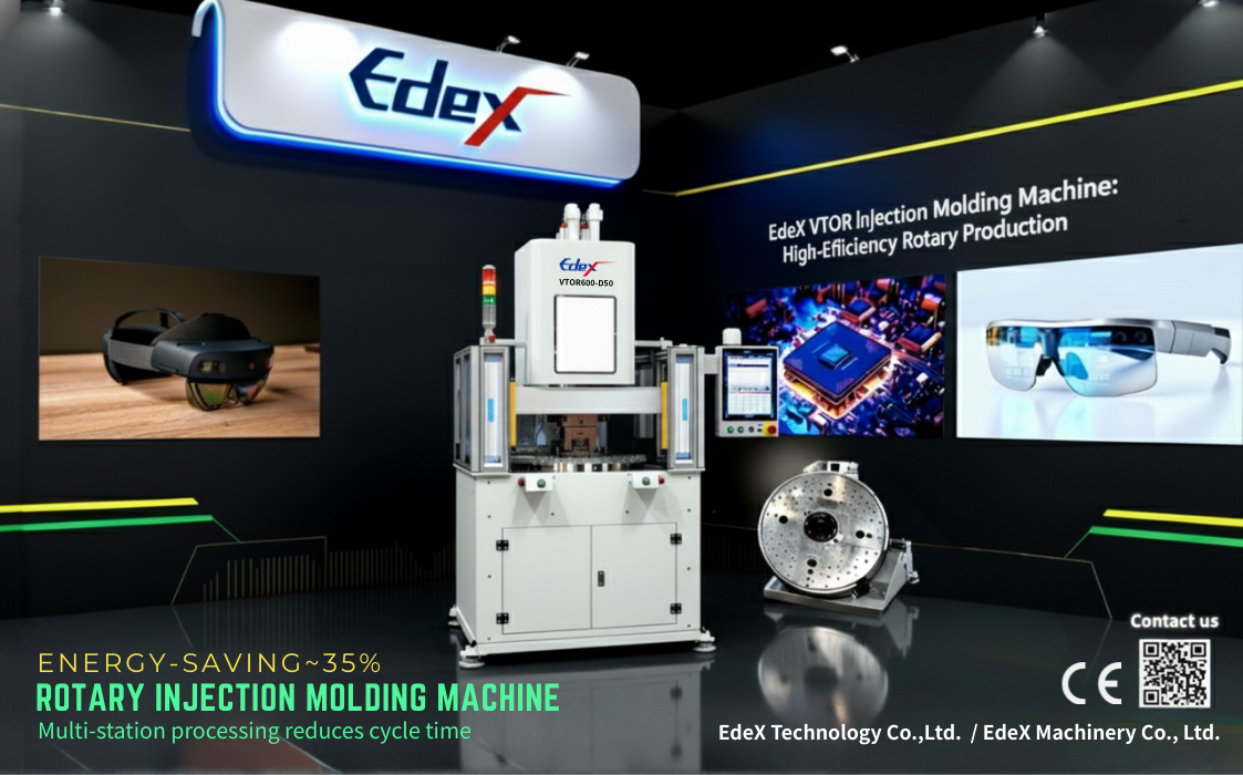 Edex VTOR Rotary Injection Molding Machine producing AR/VR wearable device components, 35% energy efficient